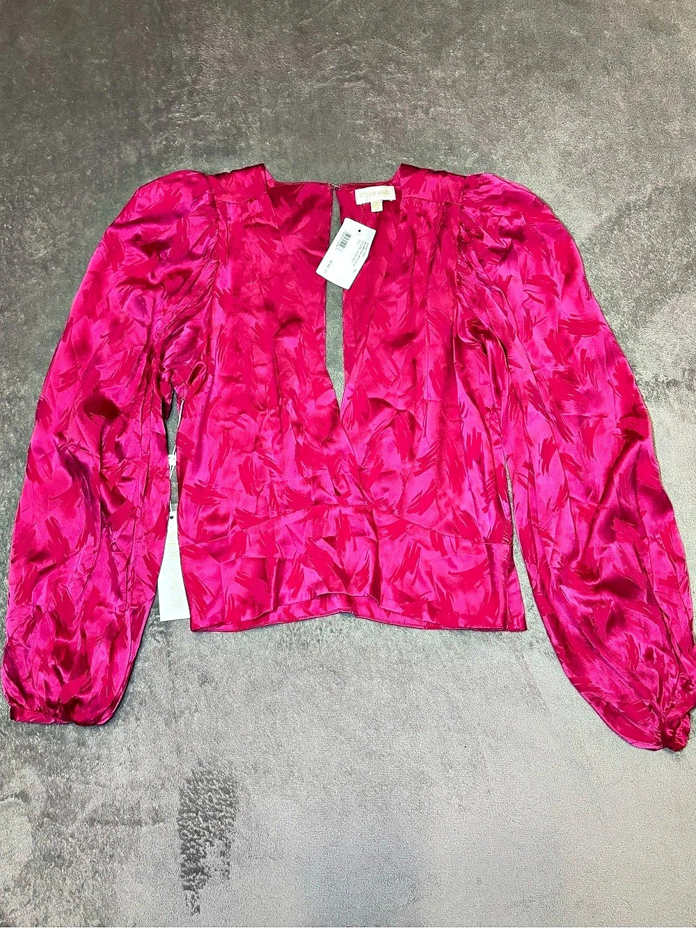 NWT Ronny Kobo Eugenia Silk Blend Puff Sleeve Plunge Top Fuchsia XL
